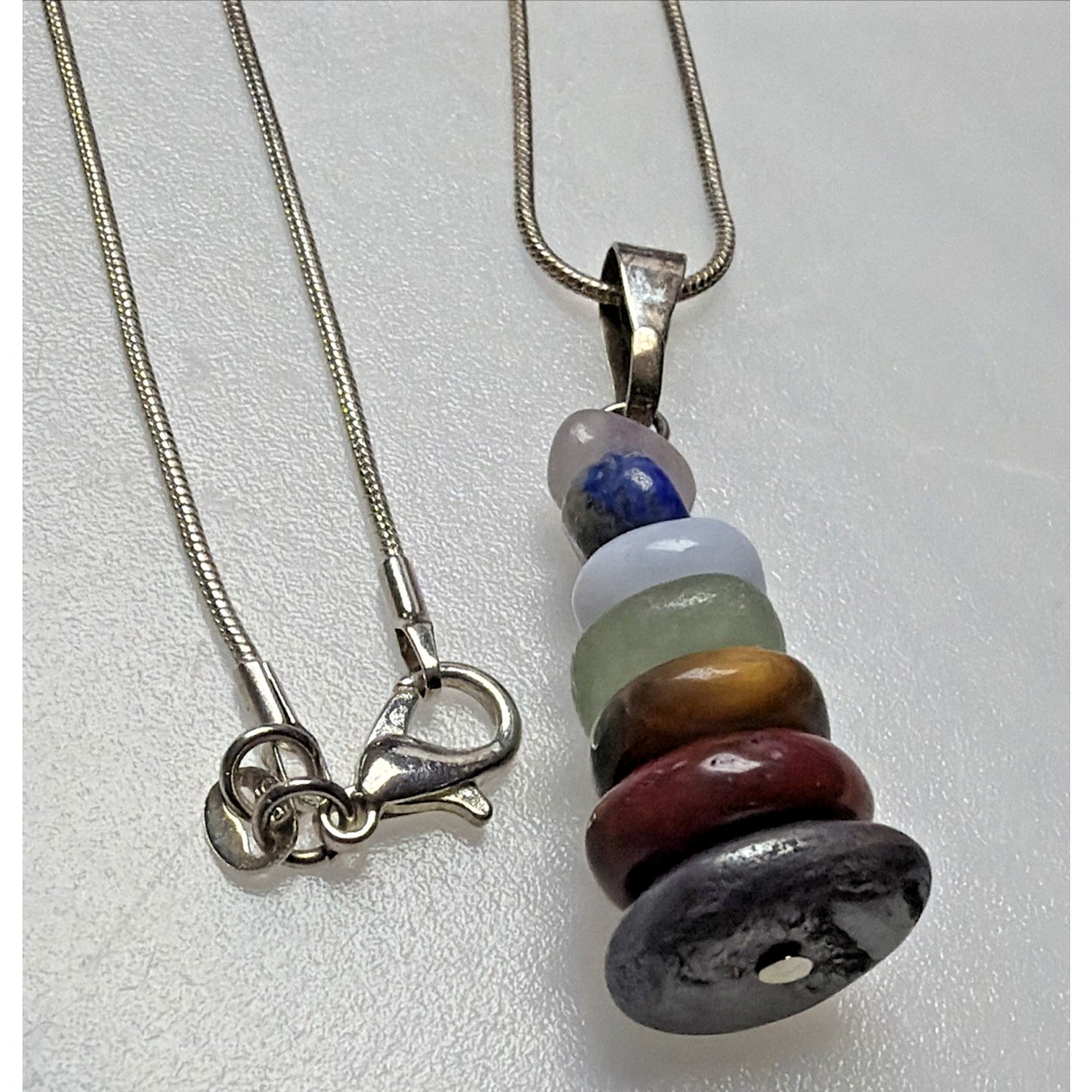 Vtg Semi Precious Stacked Stone Pendant Sterling Silver 18 Inch Chain Necklace