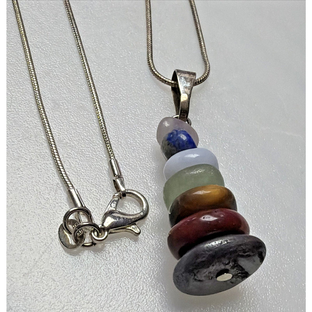 Vtg Semi Precious Stacked Stone Pendant Sterling Silver 18 Inch Chain Necklace