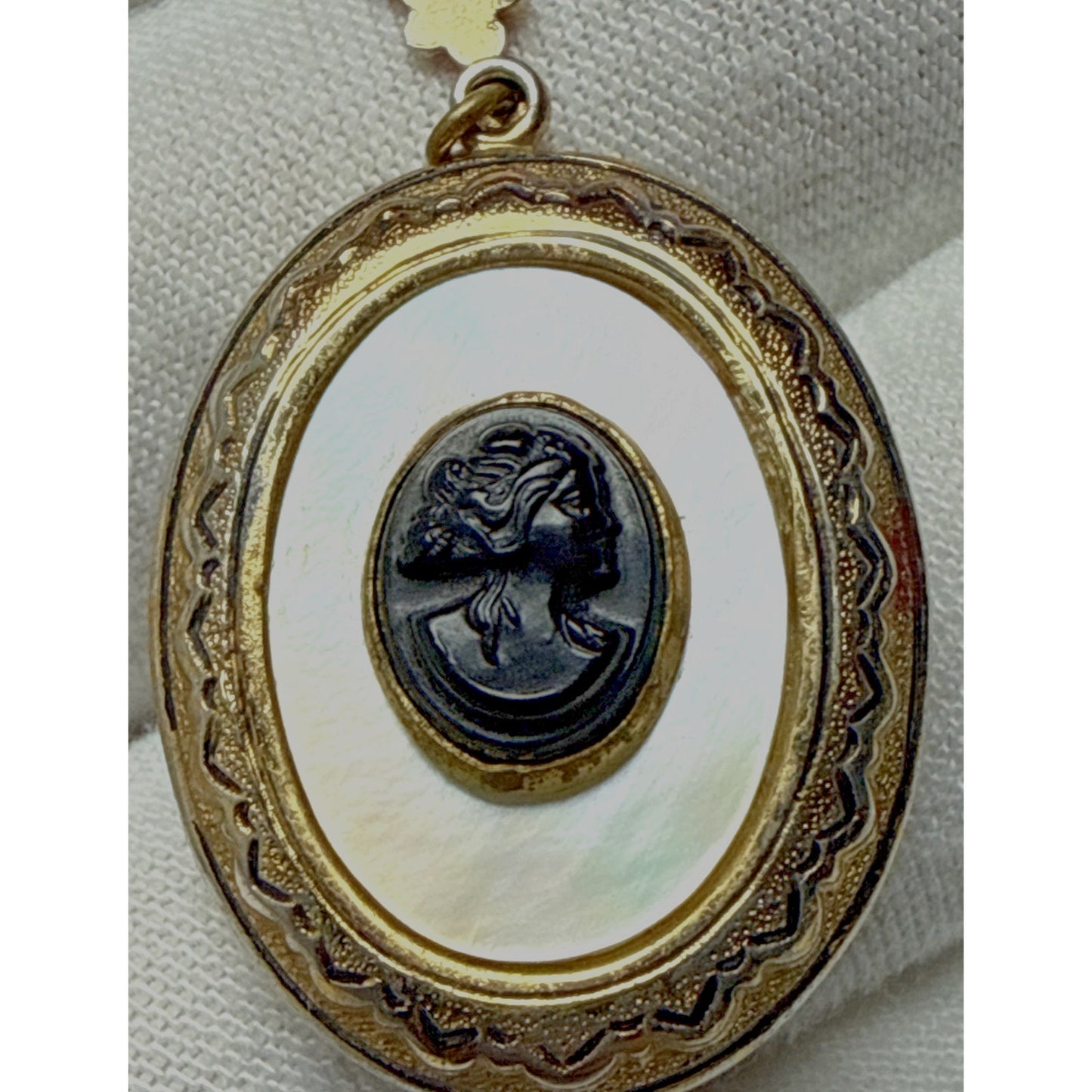 Vintage Black Celluloid Cameo Mother Of Pearl Locket Engraved Pendant Necklace
