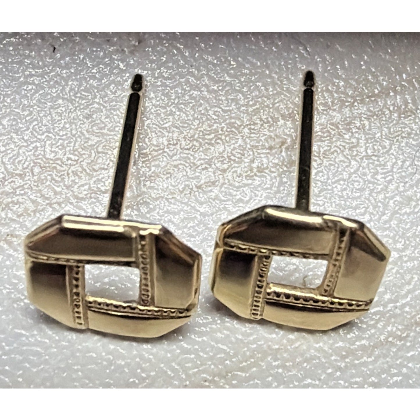 Vintage 14k Yellow Gold Hexagonal Stud Earrings Open Weave Square No Backs