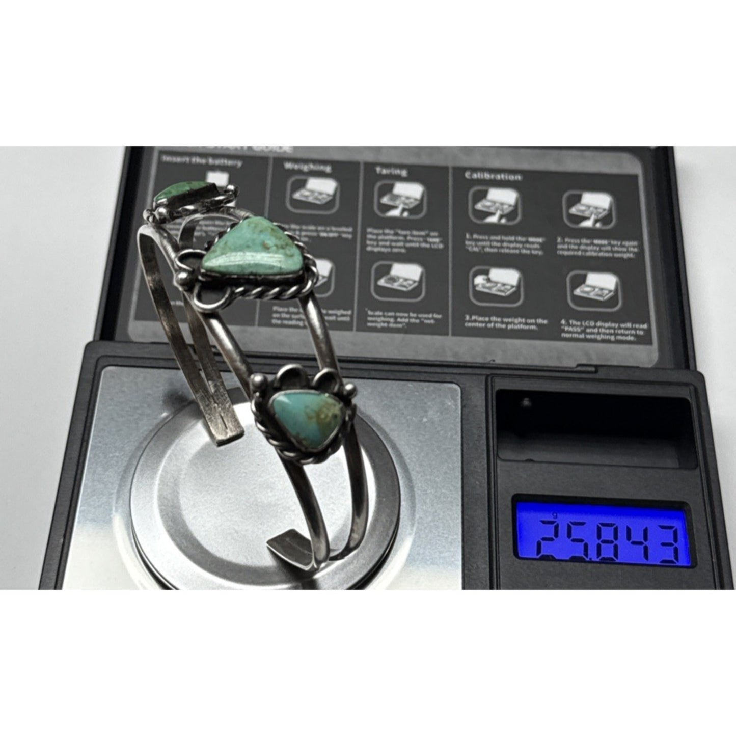 Vintage Native Sterling Silver Turquoise Cuff Bracelet Ornate 3 Stone As Is