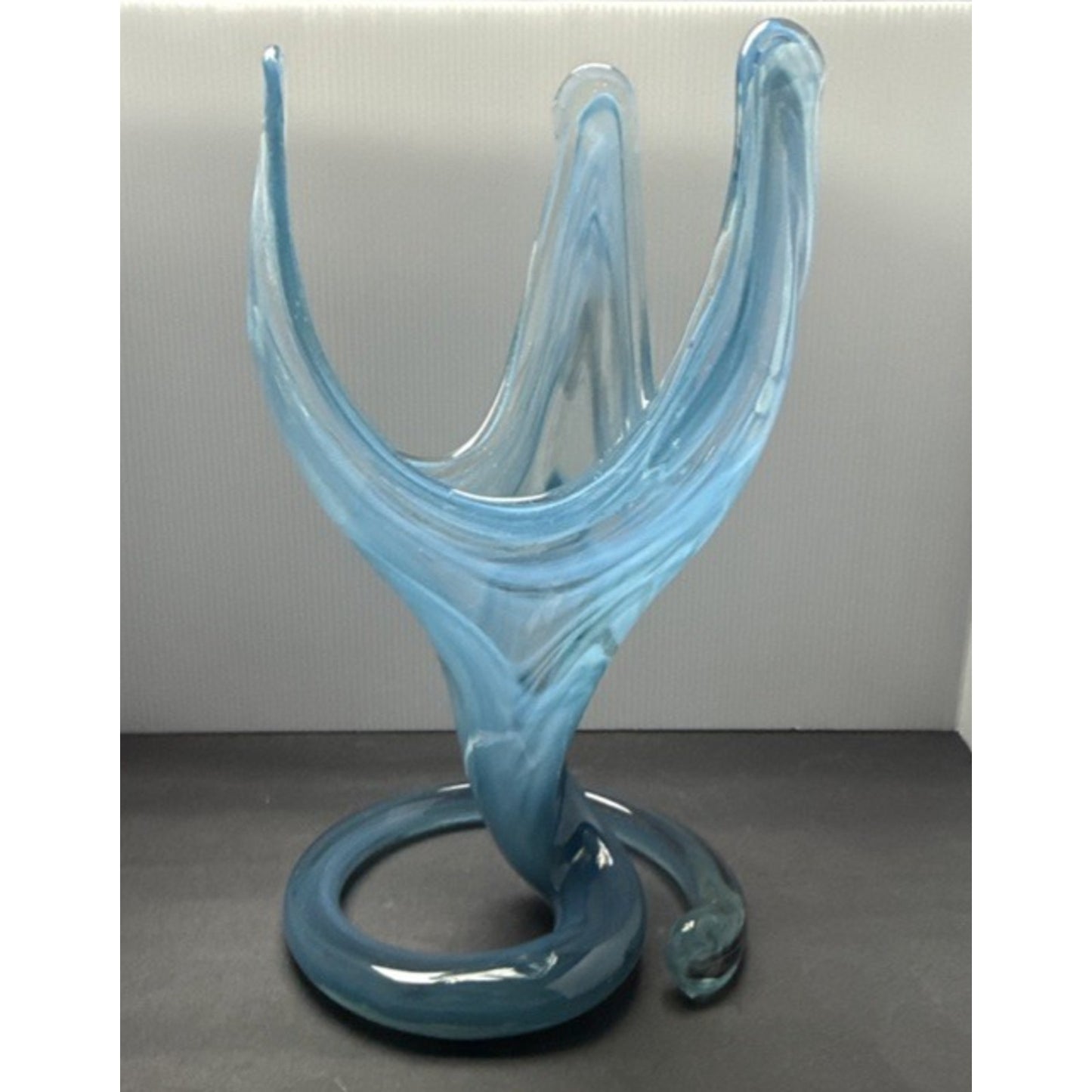 MCM Sooner Art Glass Tulip Trumpet Vase Blue Green Spiral Coiled Base 12" Read