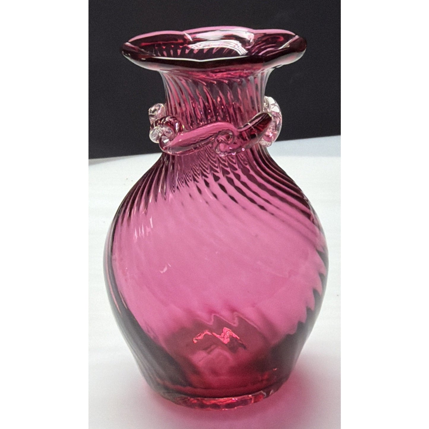 Vintage Pilgrim Art Glass Cranberry Optic Swirl Vase Ruffle Top Clear Filigree