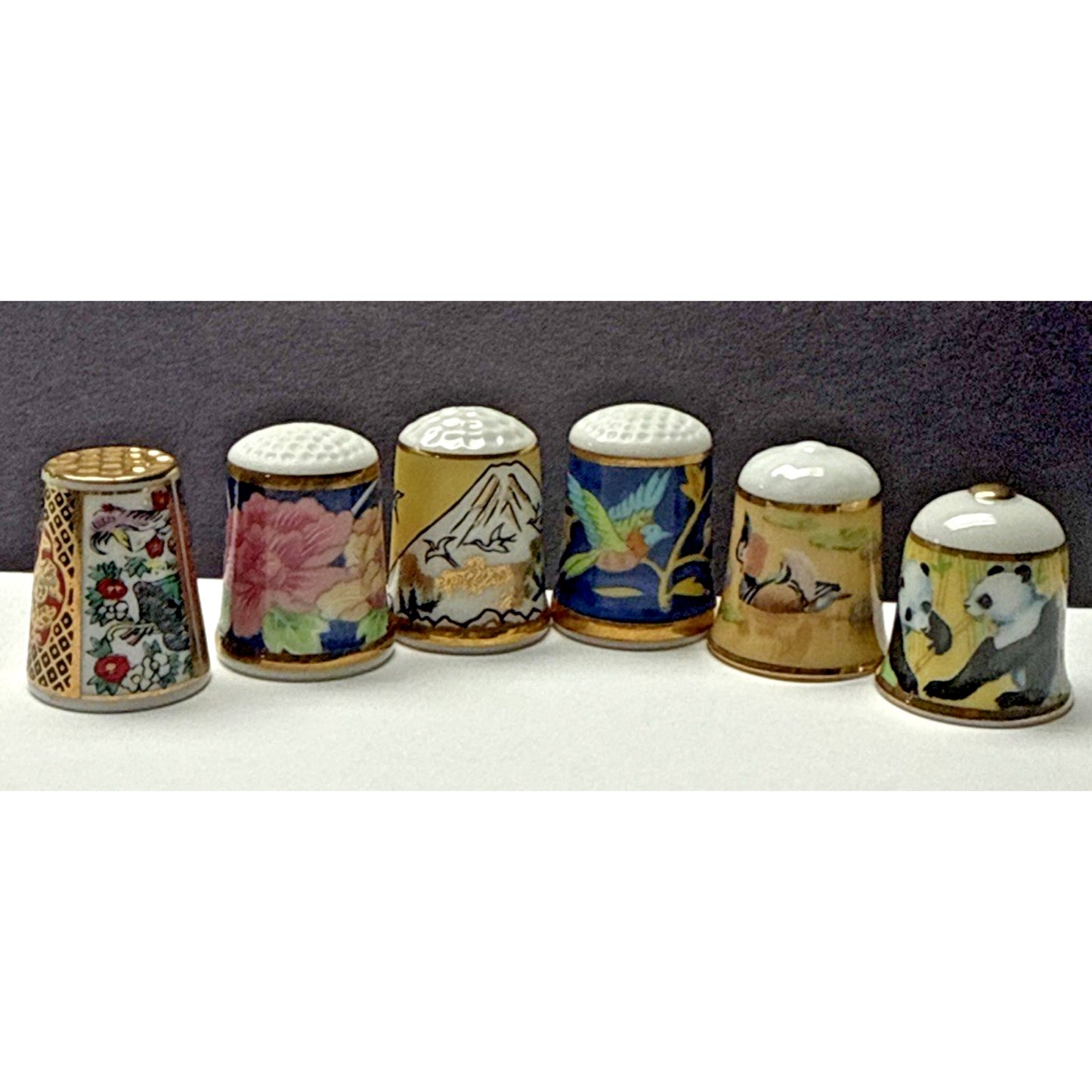 Vtg Lot of 6 TCC Japan Thimbles Porcelain Panda Floral Takiro Shibata Shozan