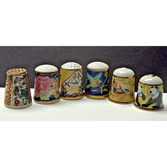Vtg Lot of 6 TCC Japan Thimbles Porcelain Panda Floral Takiro Shibata Shozan