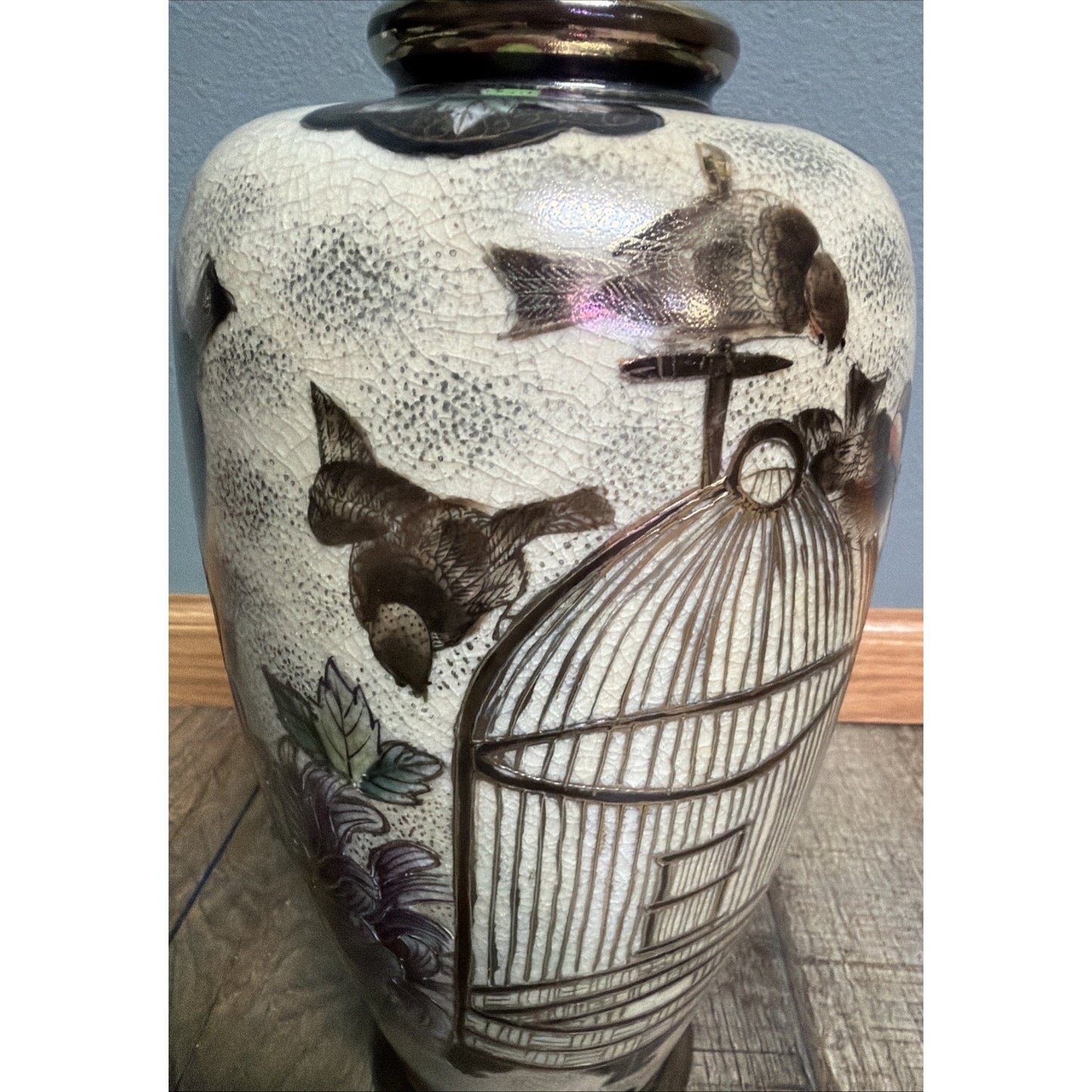Old Hand Painted Japanese Satsuma Vase Crackle Gold Gilded Birds Floral Birdcage