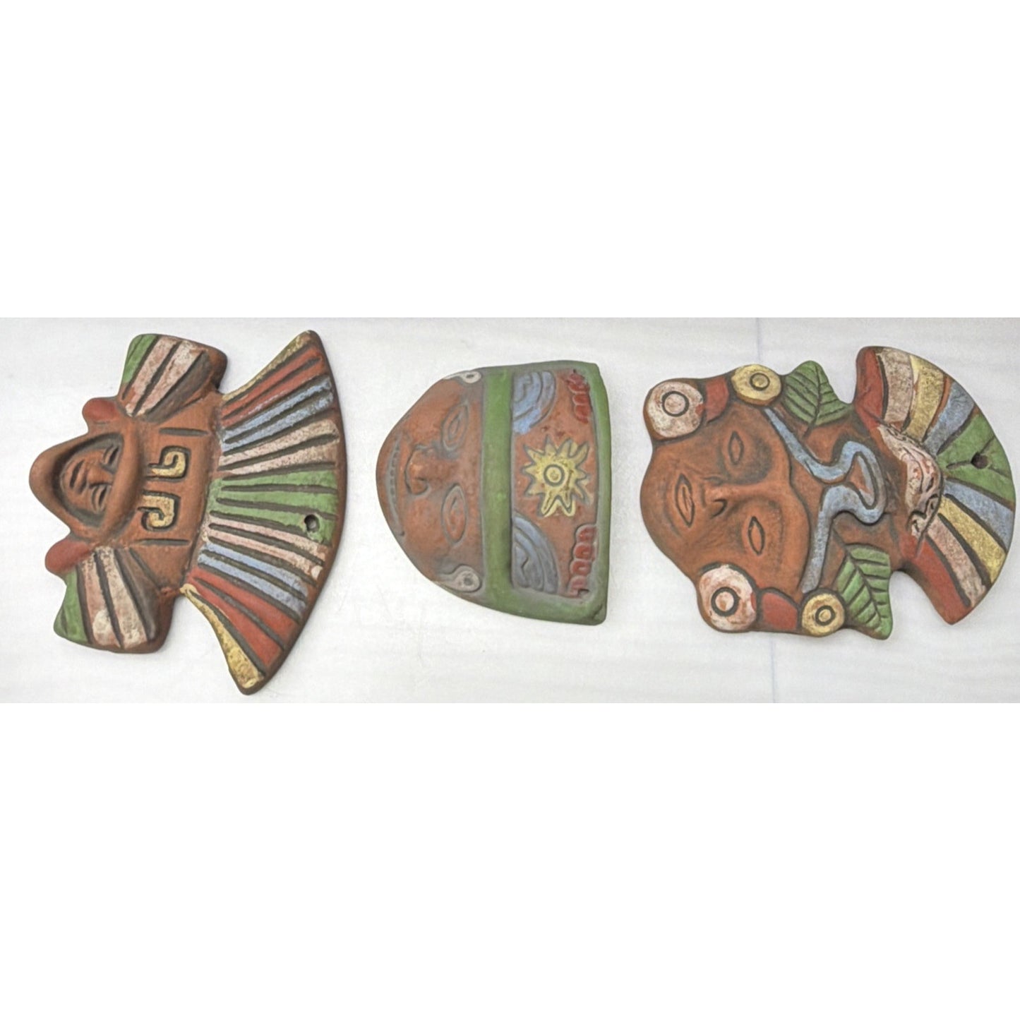 Vintage Lot of 3 Mesoamerican Terracotta Clay Mayan Aztec Warrior Wall Masks