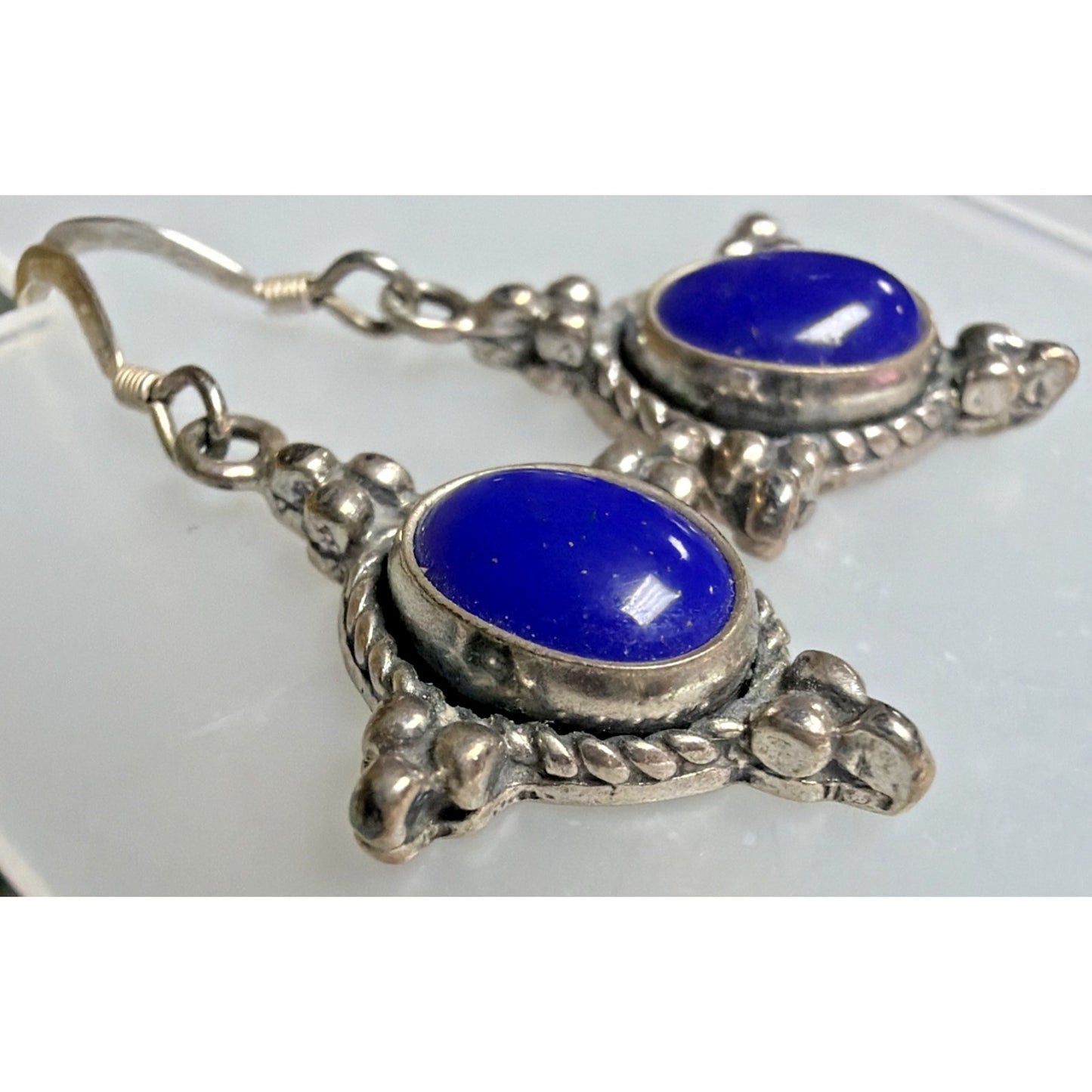 Vintage 5 Star Sterling Silver Southwest Cabochon Lapis Lazuli Dangle Earrings