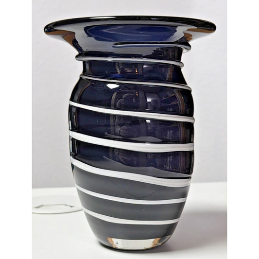 Vtg Studio Art Glass Black Amethyst White Spiral Thread Fused Vase Flared Rim
