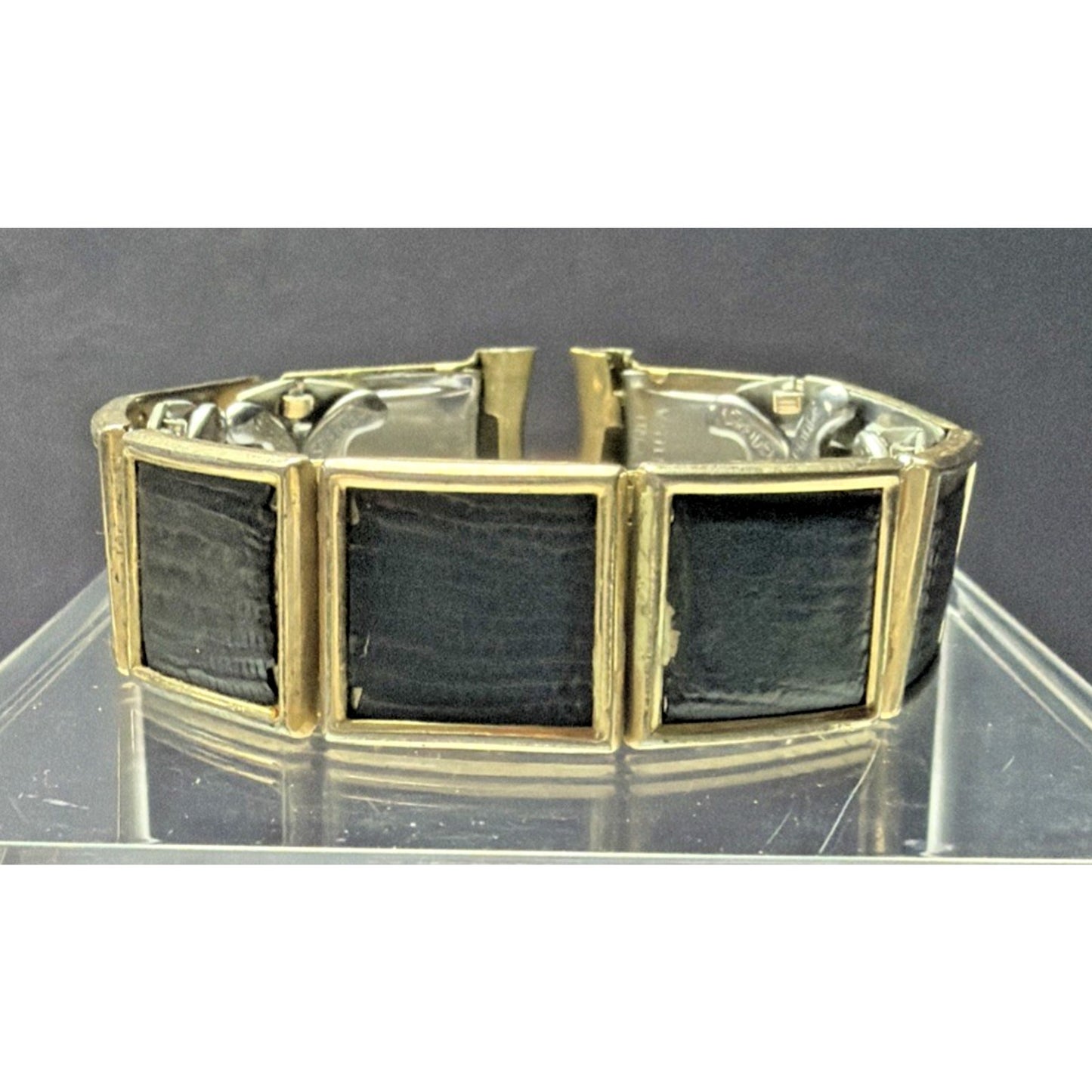 Vtg Speidel Yellow Gold Filled Watch Band Dark Brown Lizard Leather Curved As Is