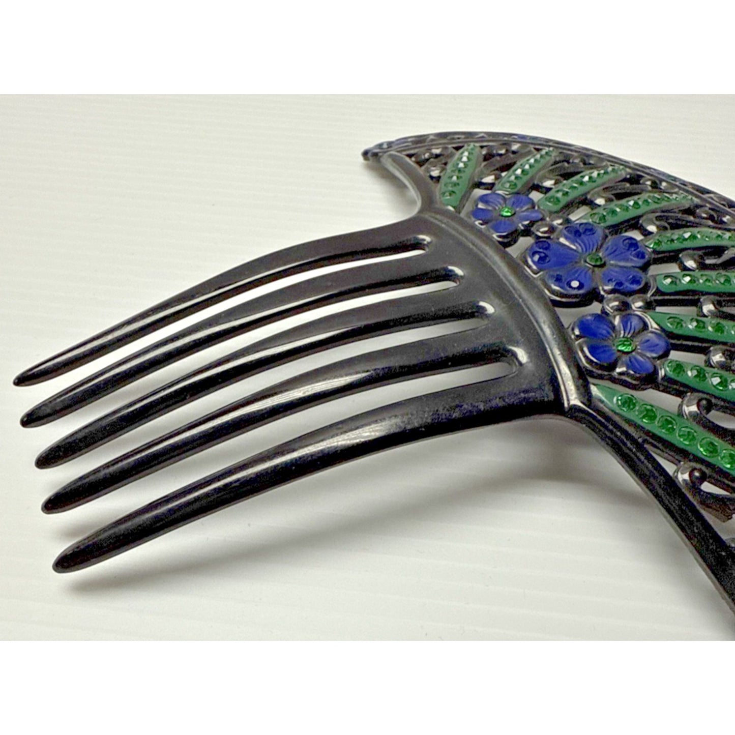 Art Deco Large Fan Shape Hair Comb Black Celluloid Rhinestone Flower Blue Green