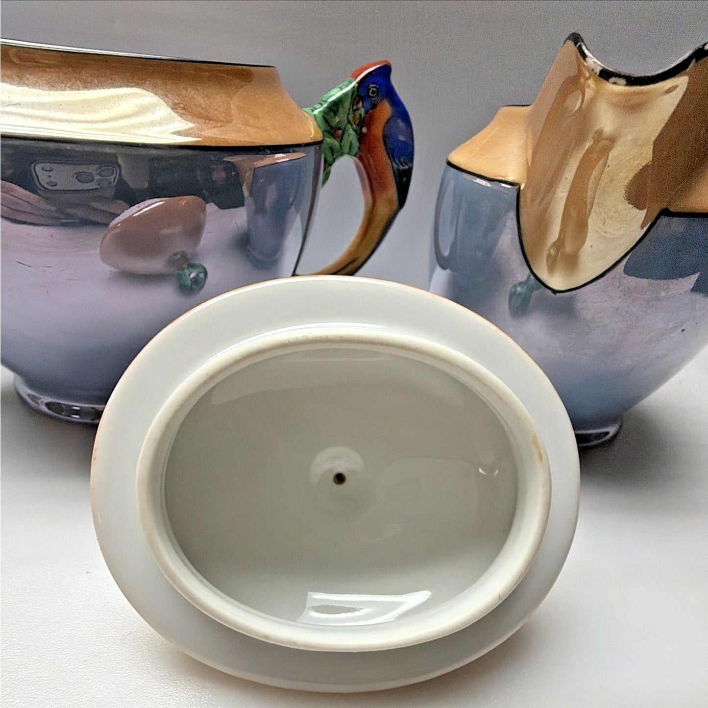 Art Deco Noritake Morimura Lusterware Figural Parrot Handles Creamer Sugar Bowl