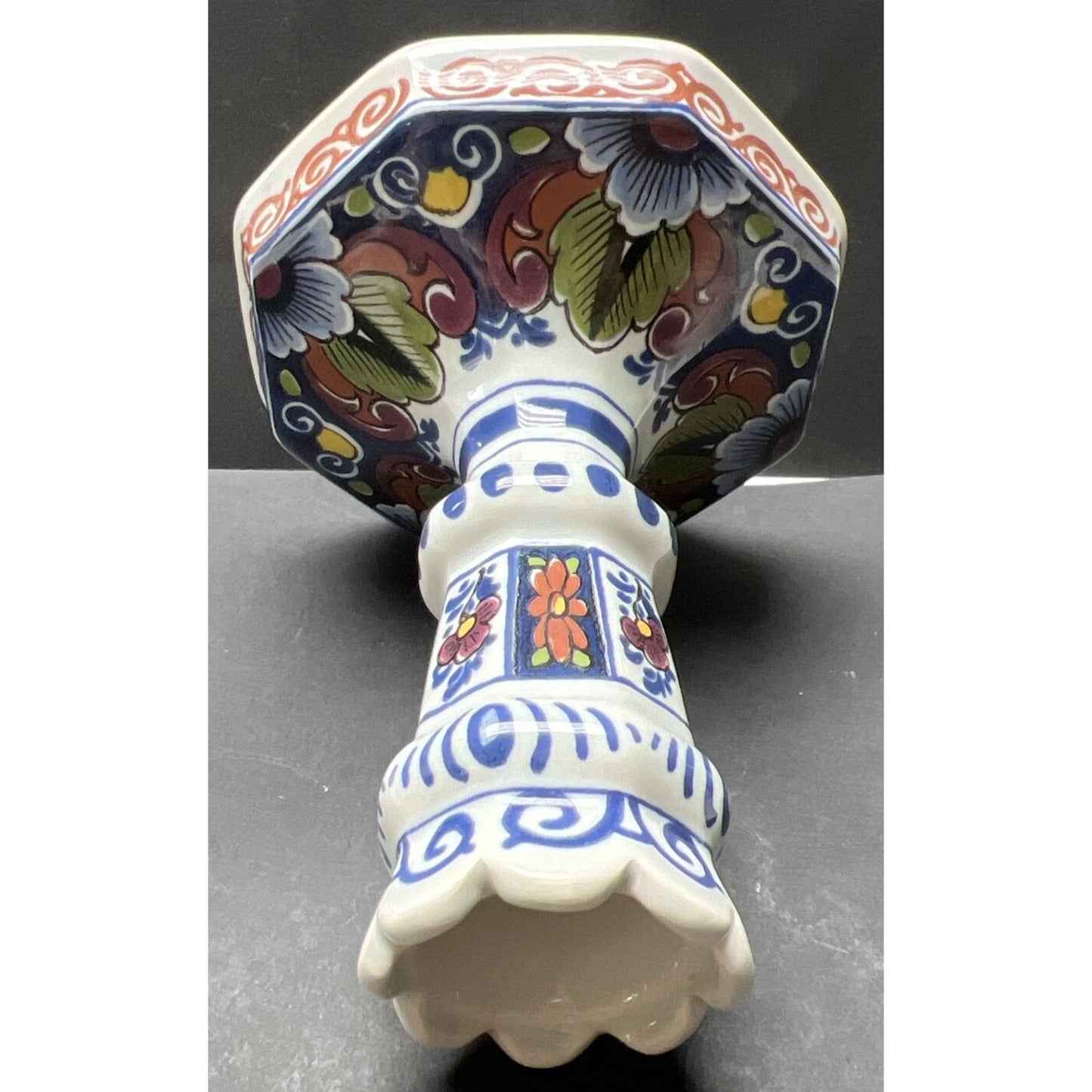 Vtg Oud Delft Holland 834/1 Candle Stick Holder Polychrome Floral Hand Painted