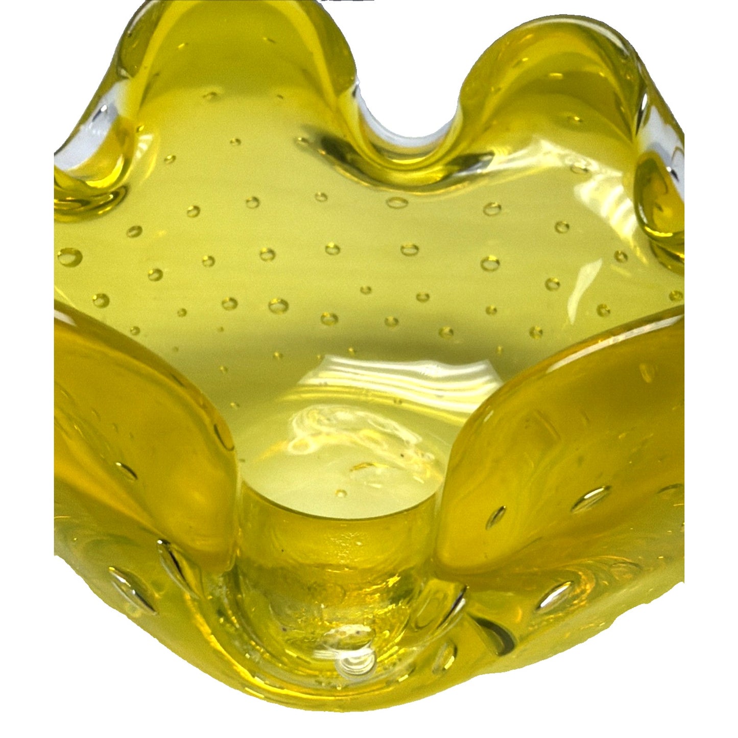 Vtg Kreiss Art Glass Bullicante Canary Yellow Controlled Bubbles Bowl Ashtray