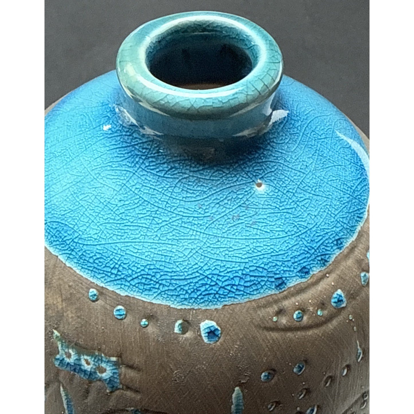 Contemporary Ashluxe Handmade Ceramic Table Vase Script Blue Brown Crackle As Is