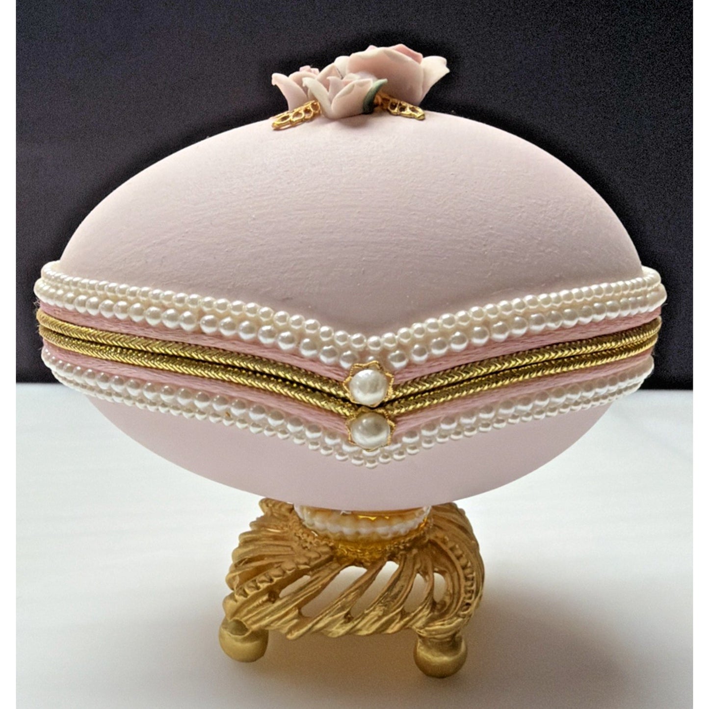 Egg Fantasy Hand Decorated Goose Egg Pink Trinket Jewelry Box Porcelain Flowers
