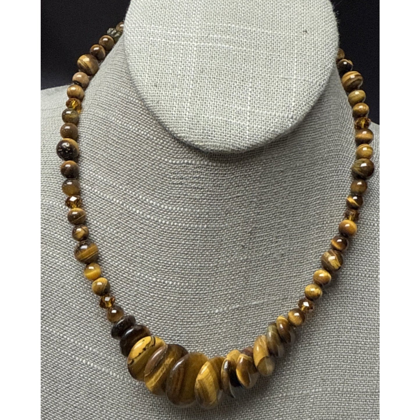 Vintage Tiger Eye Graduated Bead Collar Necklace Large Disc Toggle Layered As Is