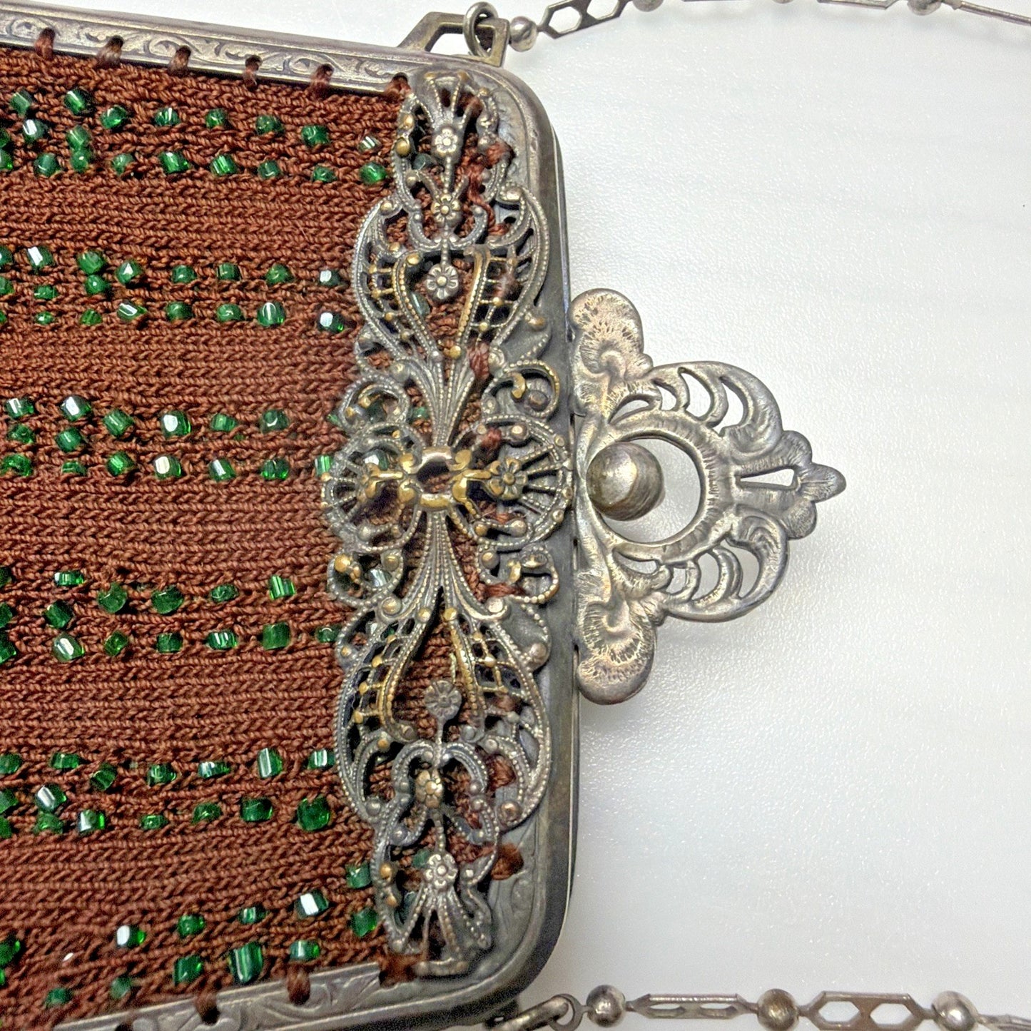 Antique Crochet Brown Green Micro Bead Purse Ornate Metal Frame Kiss Lock Strap