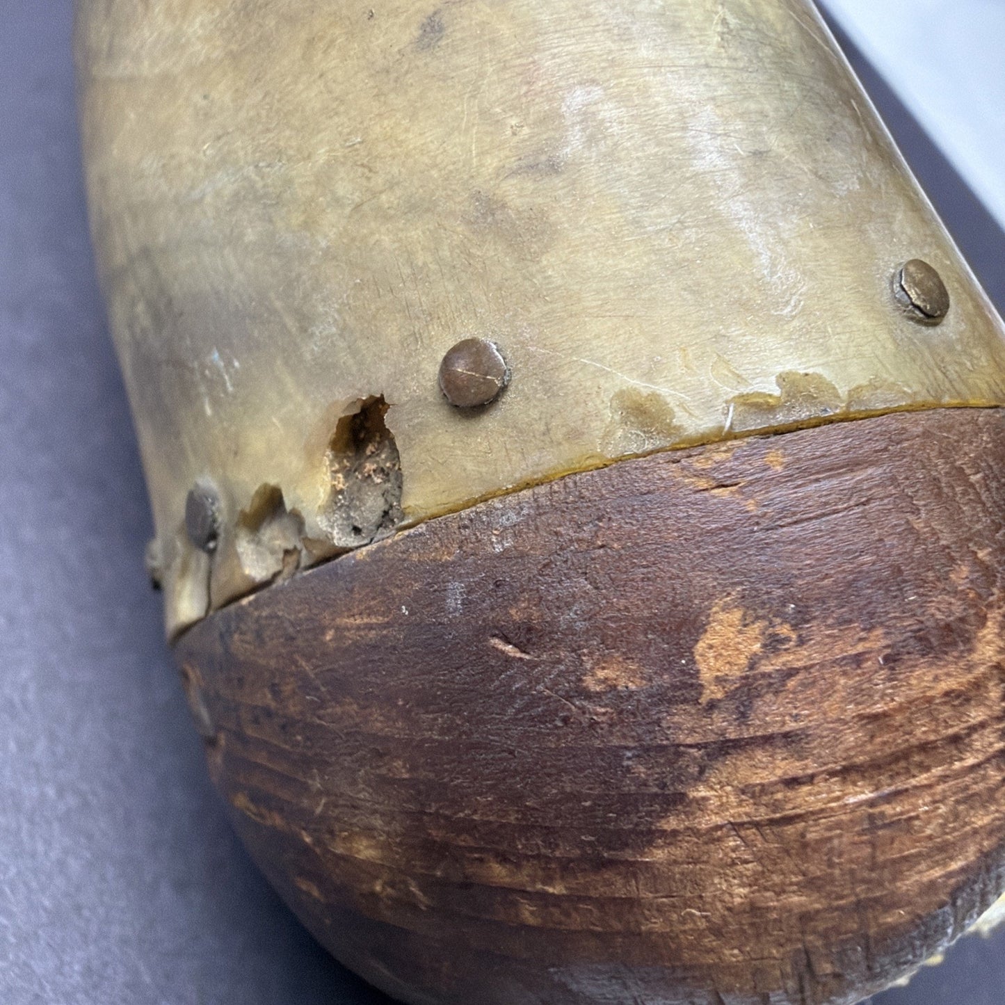 Old Primitive Powder Horn Powder Flask Wood Dome No Plug As Is