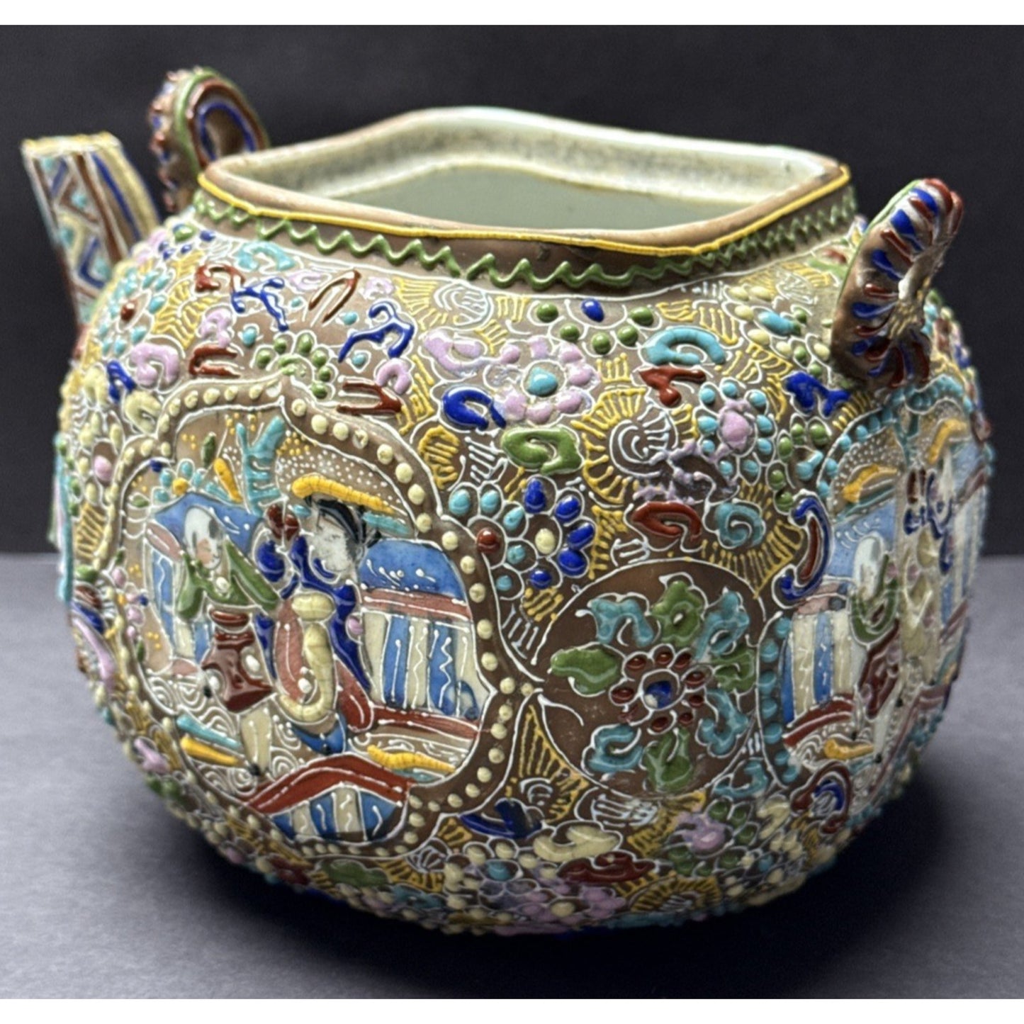 Antique Japanese Satsuma Teapot Beaded Moriage Ornate As-Is No Lid