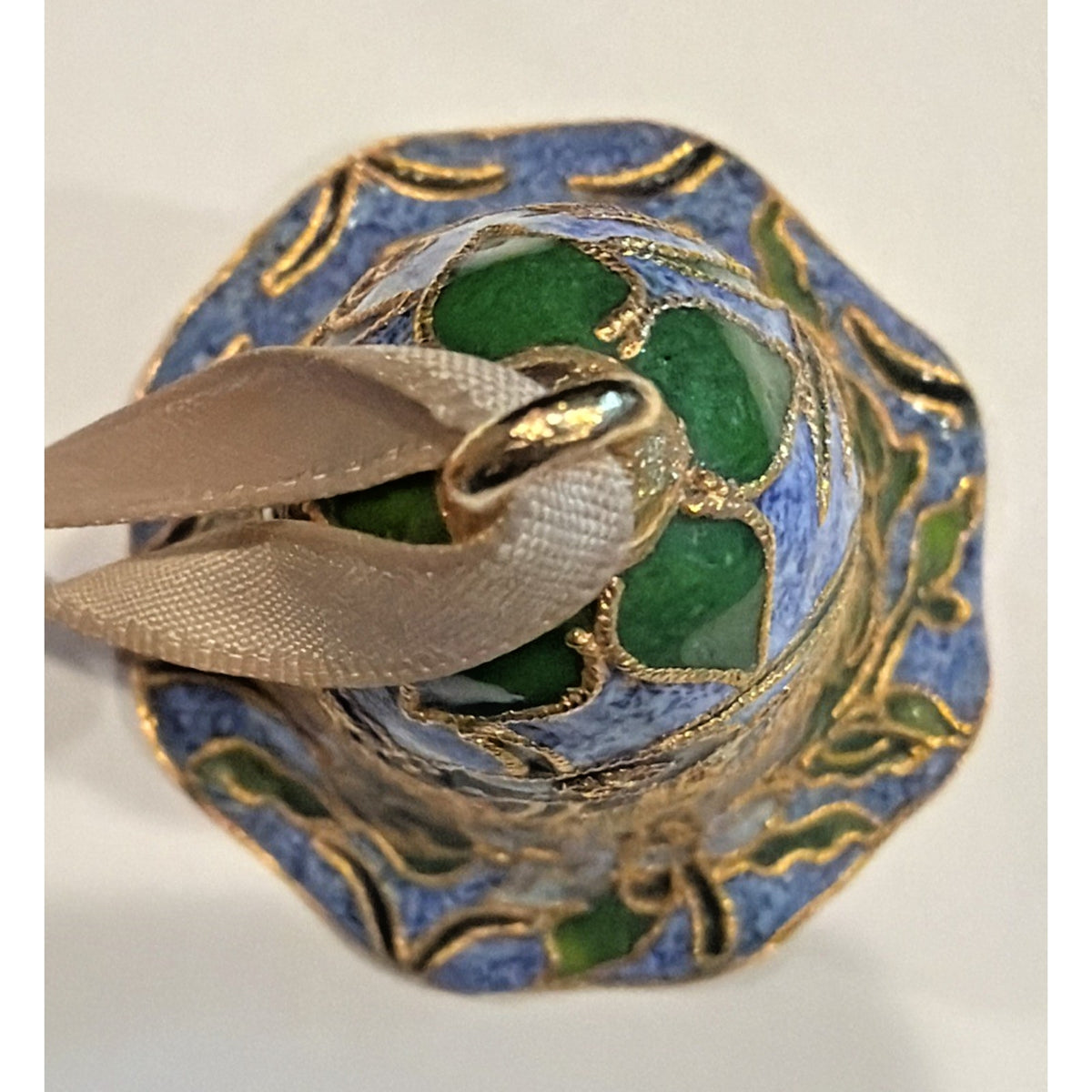 Vintage Enamel Cloisonné Bell Ornament Hummingbird Floral Blue Gold