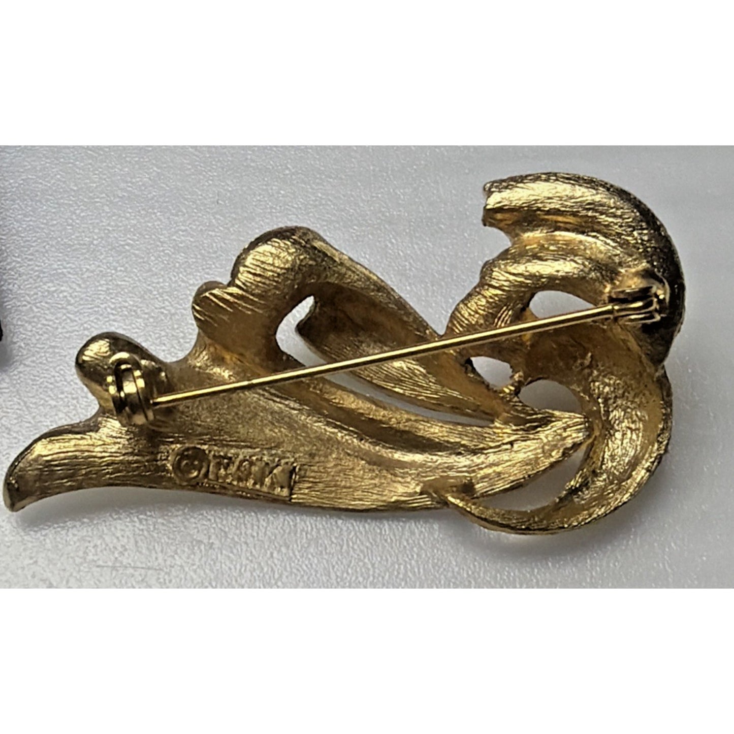 Vintage BSK Brushed Gold Tone Ribbon Faux Pearl Brooch