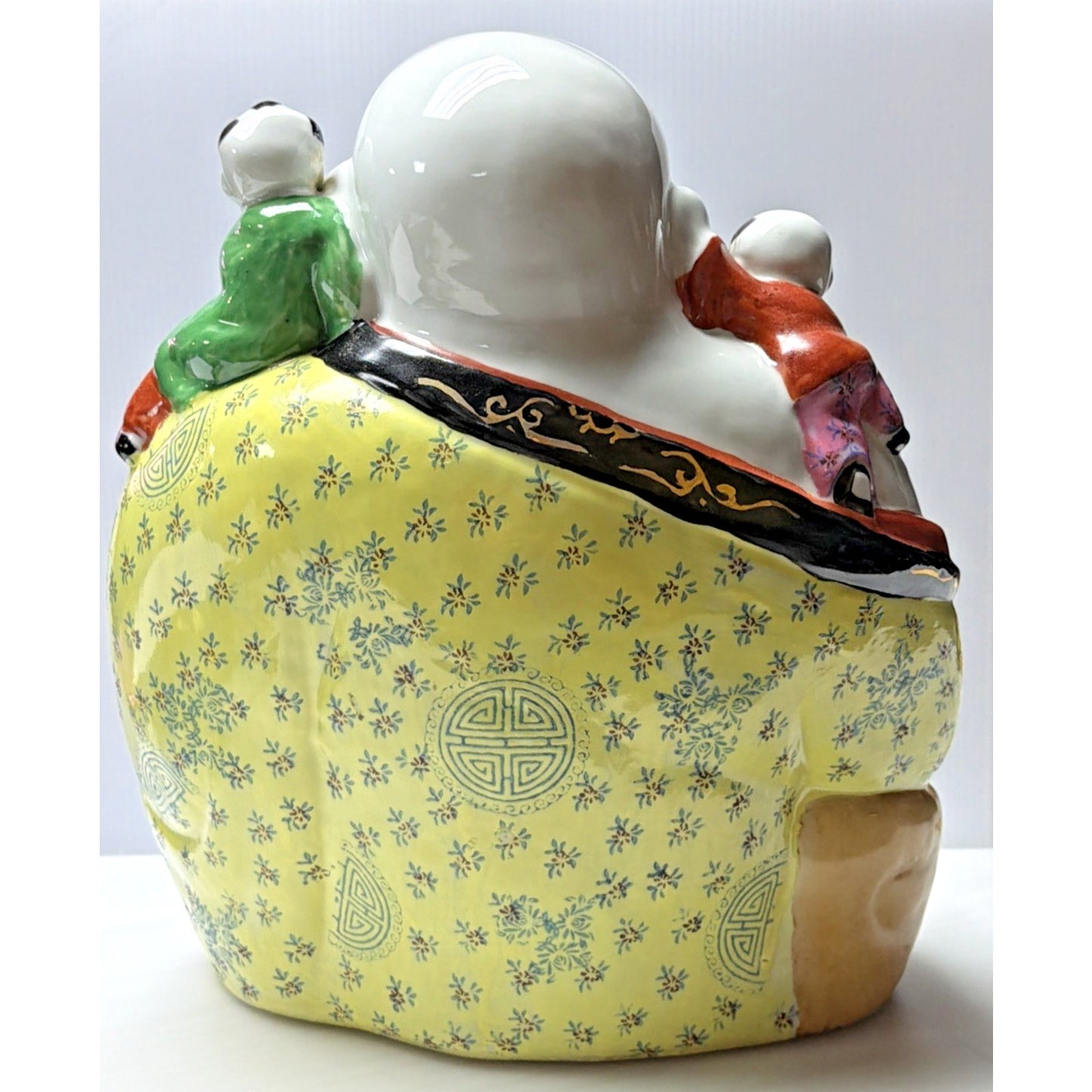 Chinese Famille Rose Jaune Laugh Buddha Fertility Painted 5 Children 12" Stamped
