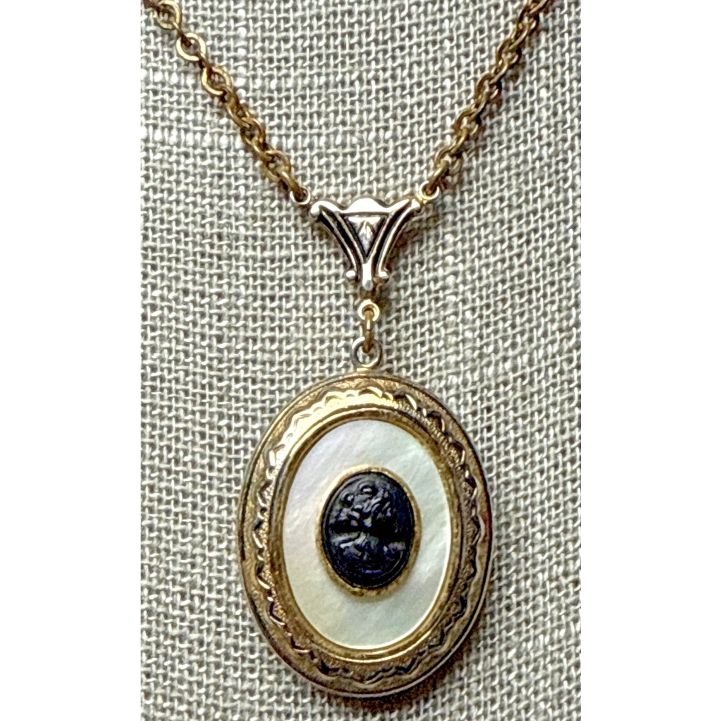 Vintage Black Celluloid Cameo Mother Of Pearl Locket Engraved Pendant Necklace