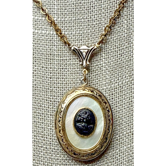 Vintage Black Celluloid Cameo Mother Of Pearl Locket Engraved Pendant Necklace