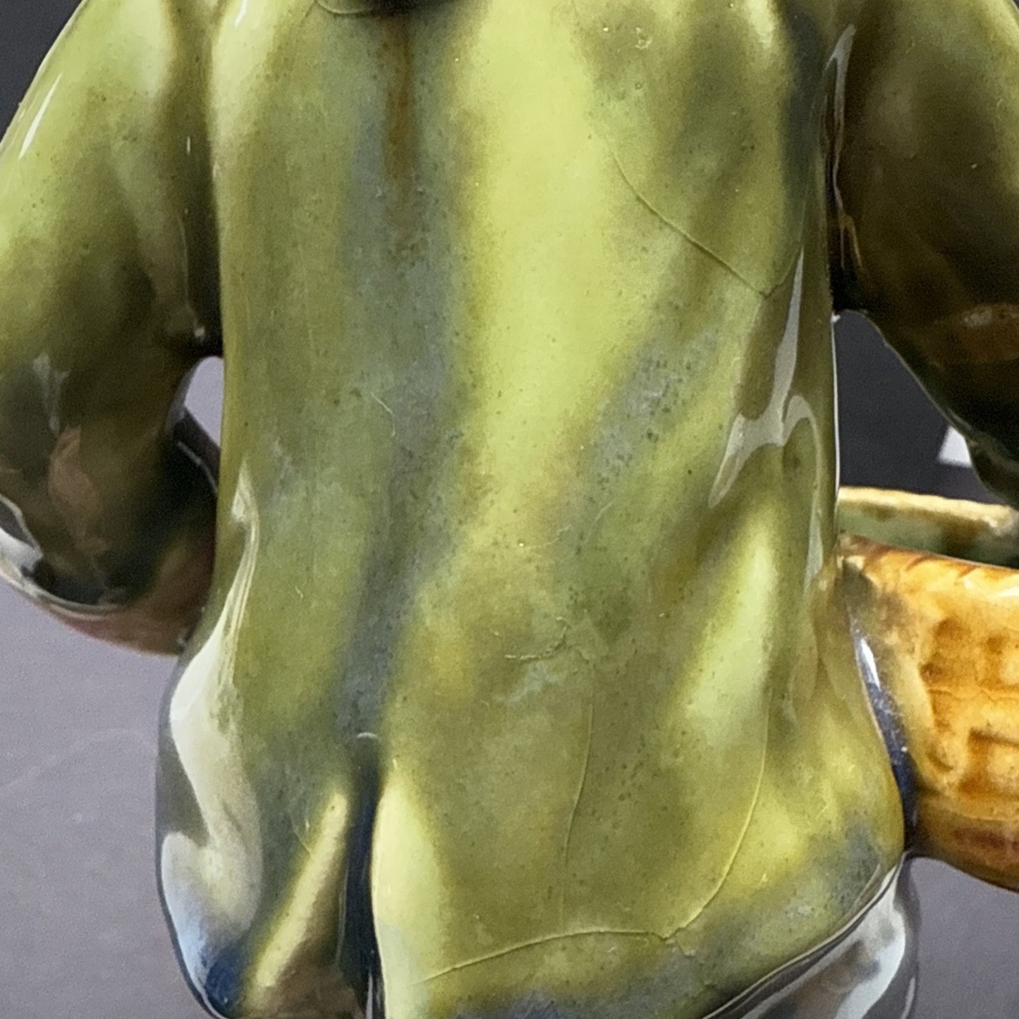 Vintage Majolica Pottery Glazed Crackle Man Holding Basket Sitting Signed As Is