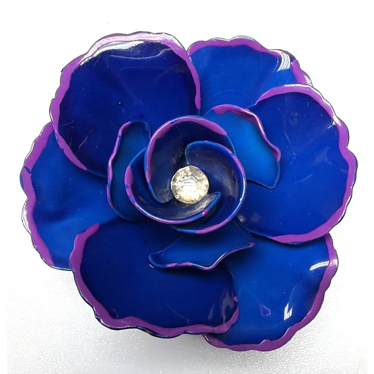 Vintage Blue Metal Purple Enamel Flower Bloom Pin Brooch Large