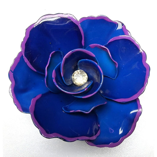 Vintage Blue Metal Purple Enamel Flower Bloom Pin Brooch Large
