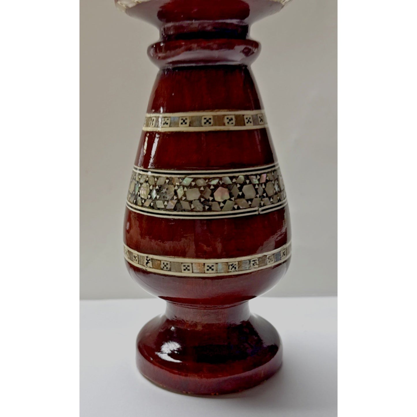 Vtg Egyptian Beechwood Inlaid Mother of Pearl Abalone Vase Mosaic Pattern As-Is