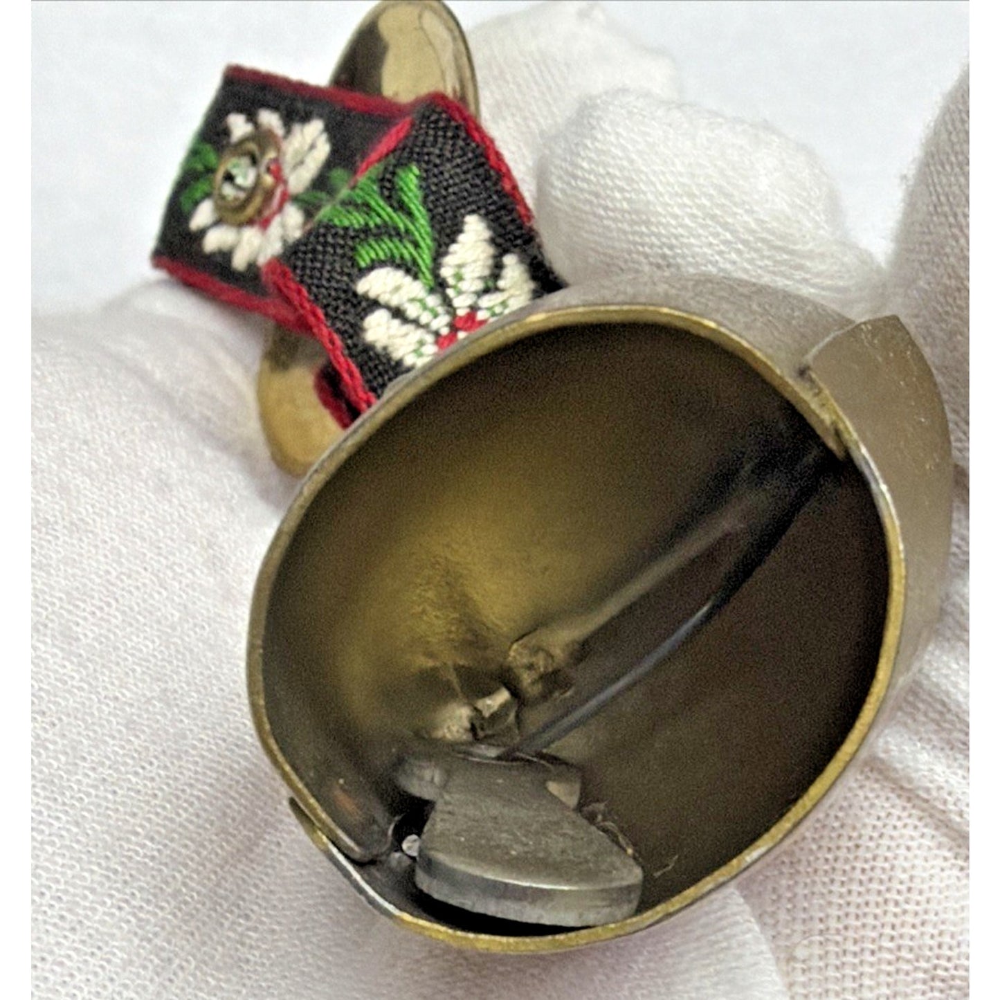 Vtg Metal Brass Colored Swiss Cowbell Cow Bell Embroidered Strap Floral Heart