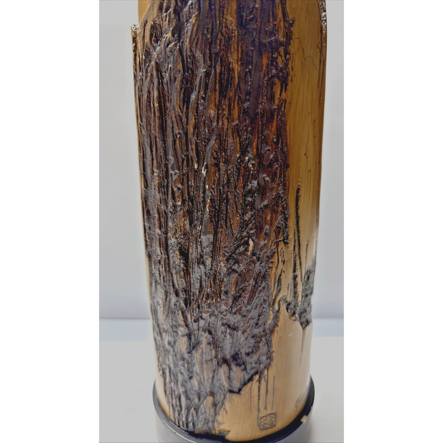 Carolyn Kinder Collection Faux Cypress Wood Urn Vase Pillar Black Pedestal As-Is