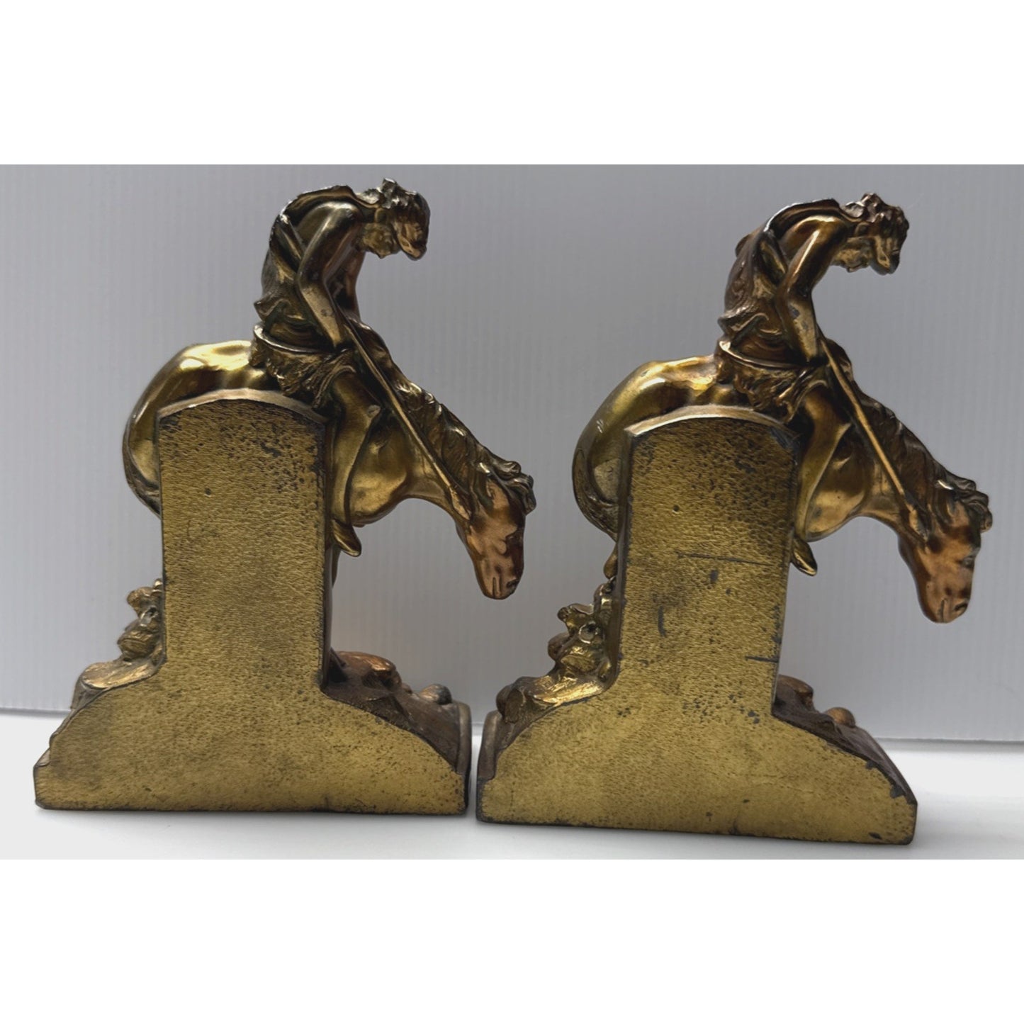 Vintage Ronson Metal Art Horse Rider Bookends Set End of the Trail Cowboy As Is