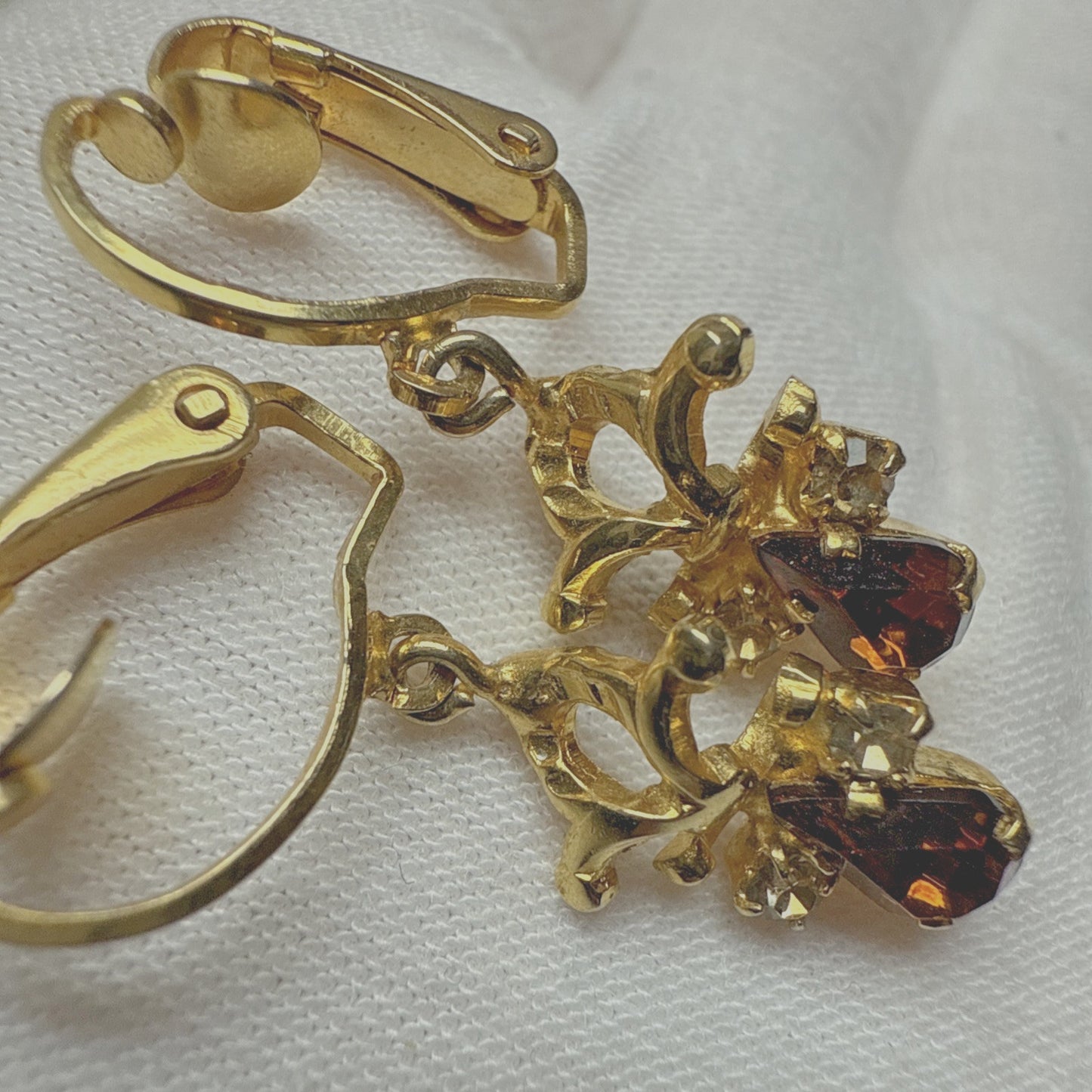 Vintage Austria Clip On Earrings Dangle Rhinestone Clear Brown Angel