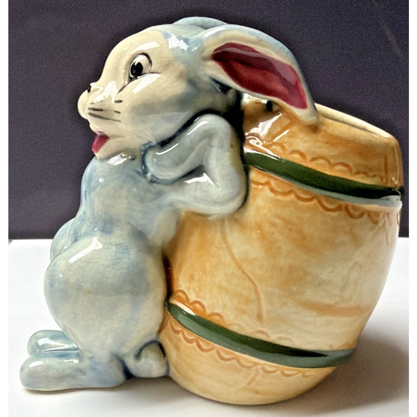 Vintage MK Japan Anthropomorphic Bunny Rabbit Ceramic Barrel Egg Vase Easter