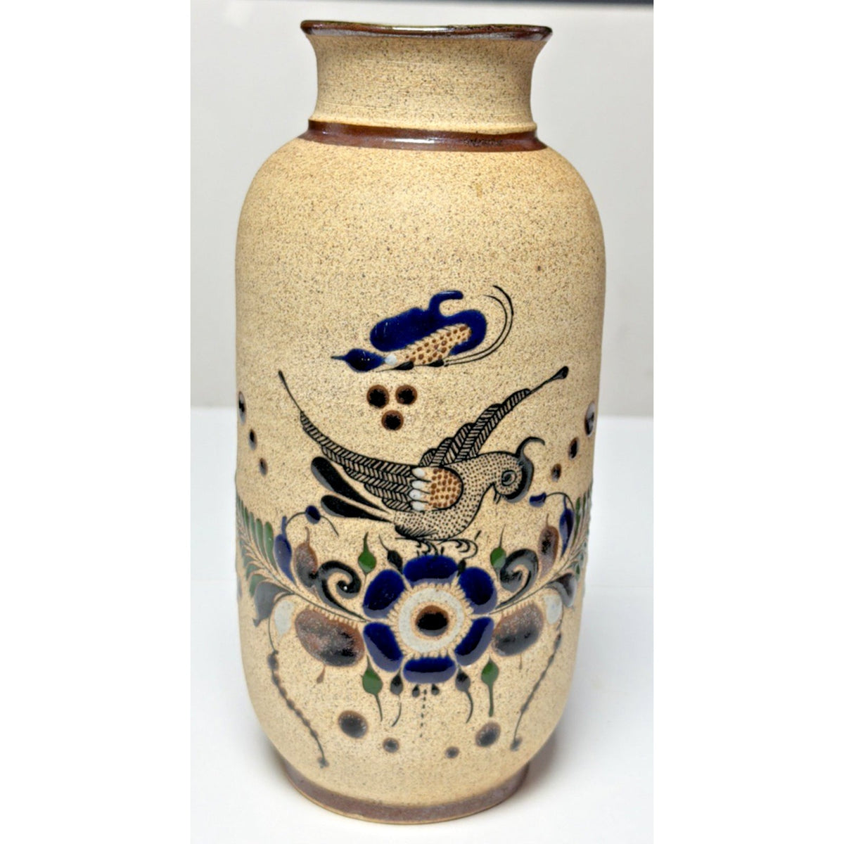 Vintage Tonala Folk Art Netzi Mexican Pottery Sandstone Vase Bird Flower Signed