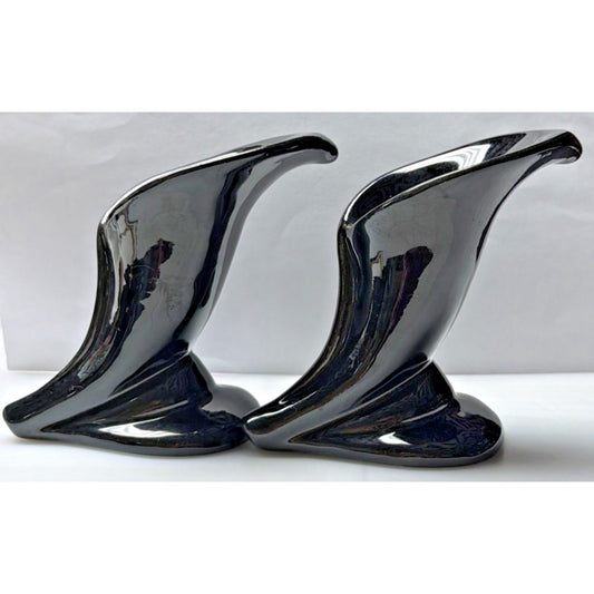 MCM Lot of 2 Haeger Pottery Black Glazed Calla Lily Horn Cornucopia Vase As-Is