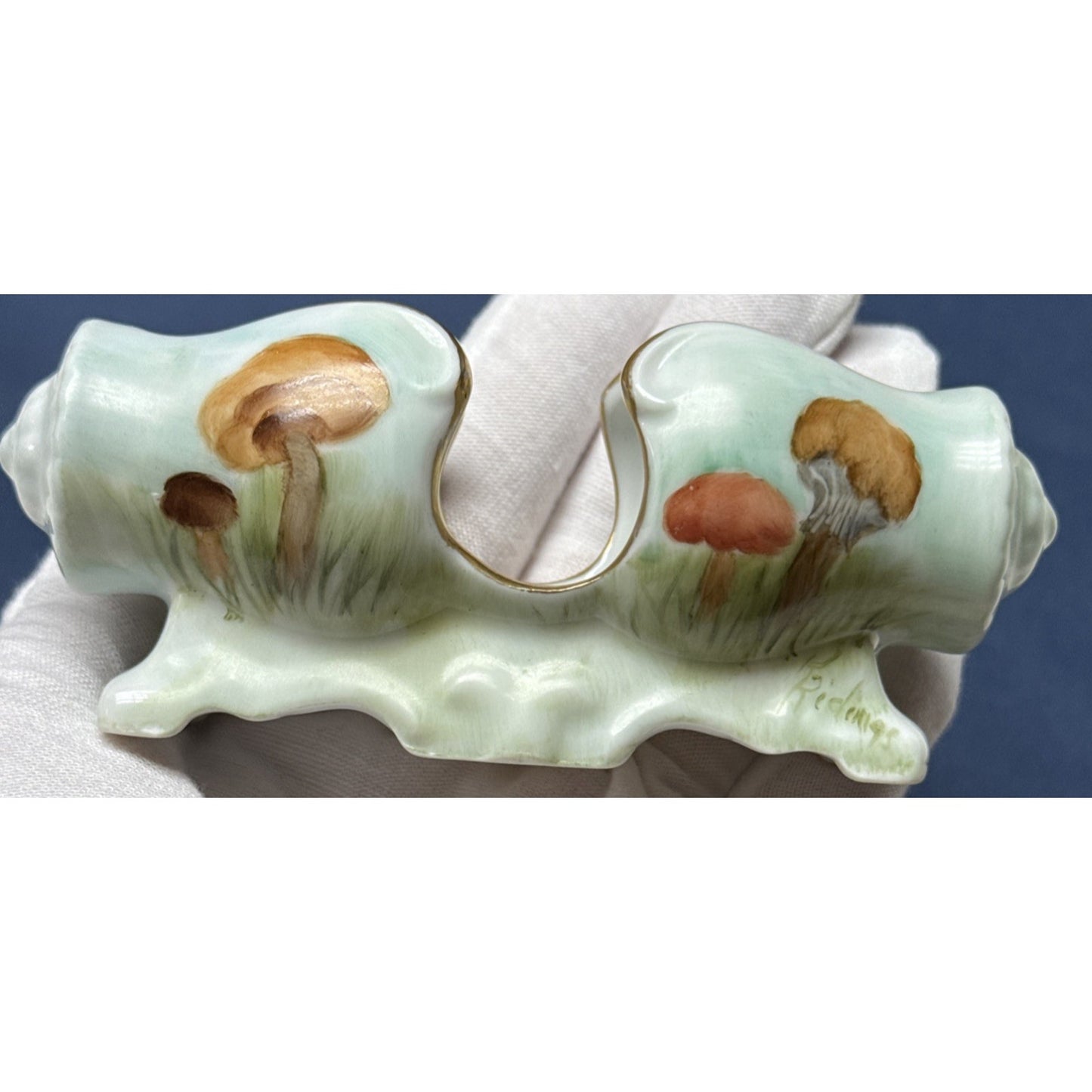 Vintage Porcelain Toothpick Holder Horizontal Hand Painted Mushrooms Gold Footed