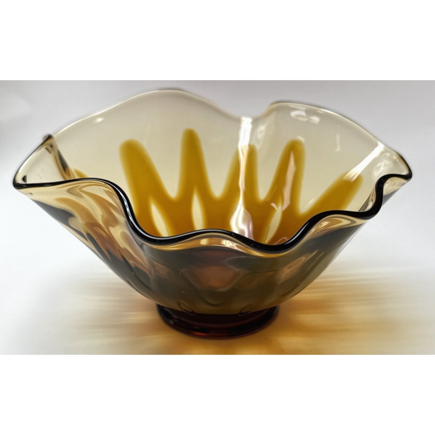 MCM Fostoria Art Glass Hawaiian Amber Brown Footed Ruffled Bowl