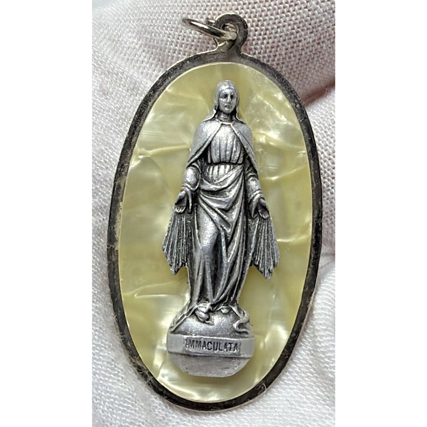Immaculata Virgin Mary Saint Pendant Silver Metal Faux Mother Pearl Celluloid