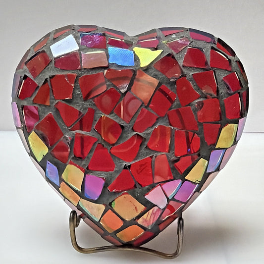 Vintage Mosaic Stained Glass Artisanal Heart Tile Paperweight Clear Bottom