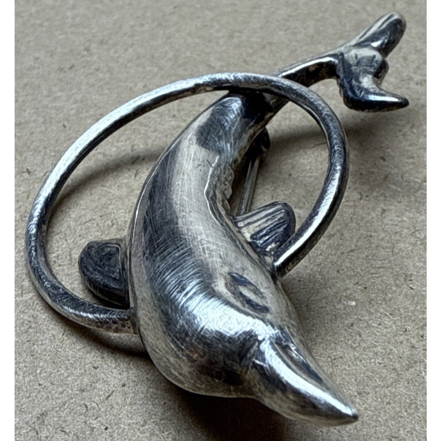 Vintage GSJ Sterling Silver 925 Dolphin Brooch Pin Hoop Trick Large As-Is