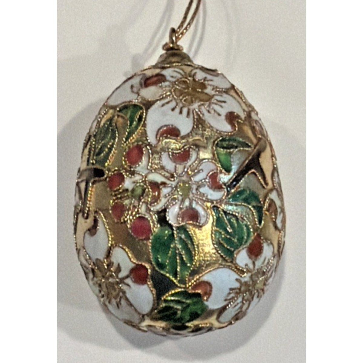 Vintage Enamel Cloisonné Egg Ornament Floral White Gold As Is
