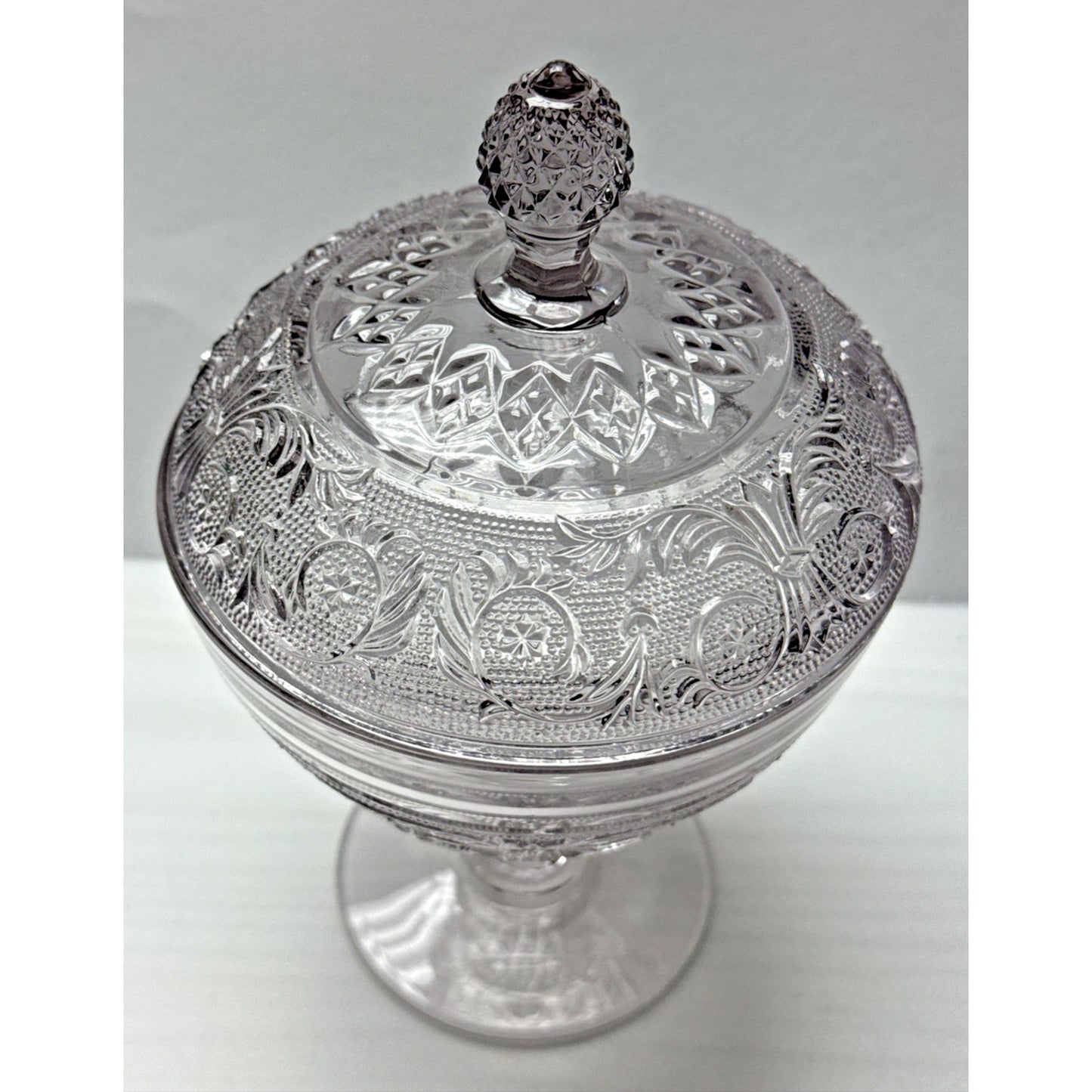 Duncan Miller Sandwich Glass Pale Lavender Lilac Covered Candy Dish Pedestal