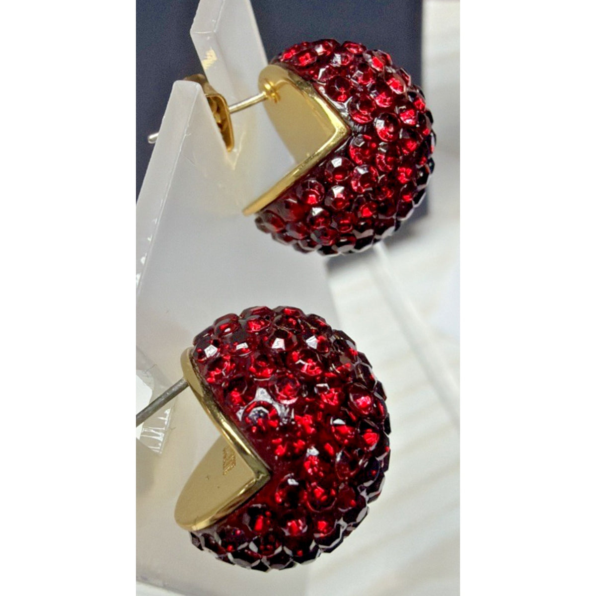 J Crew Pave Crystal Ruby Red Rhinestone Ball Stud Chunky Dome Earrings Gold Tone