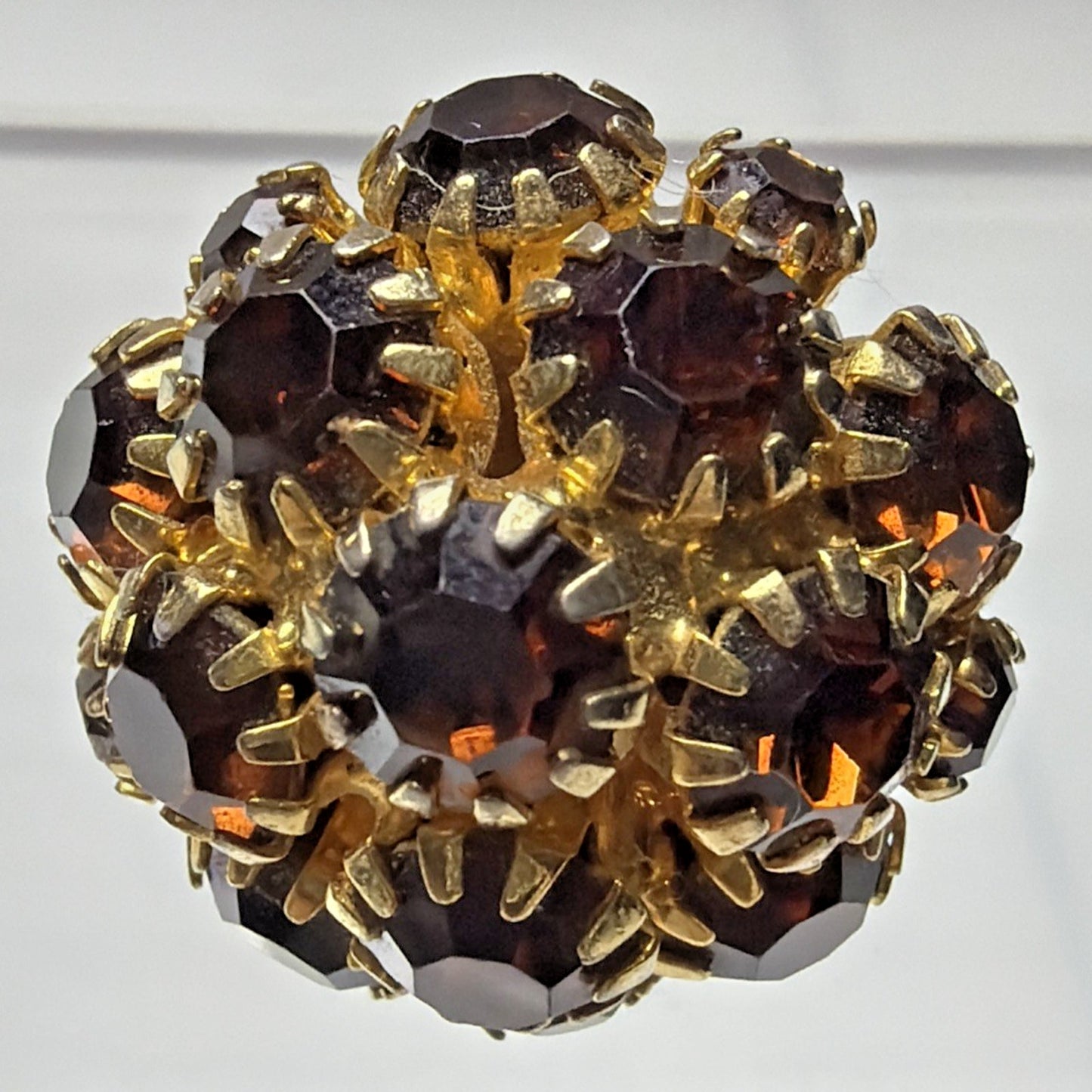 Vtg Gold Tone Adjustable Ring Amber Brown Rhinestone Cluster Prong Dome As Is