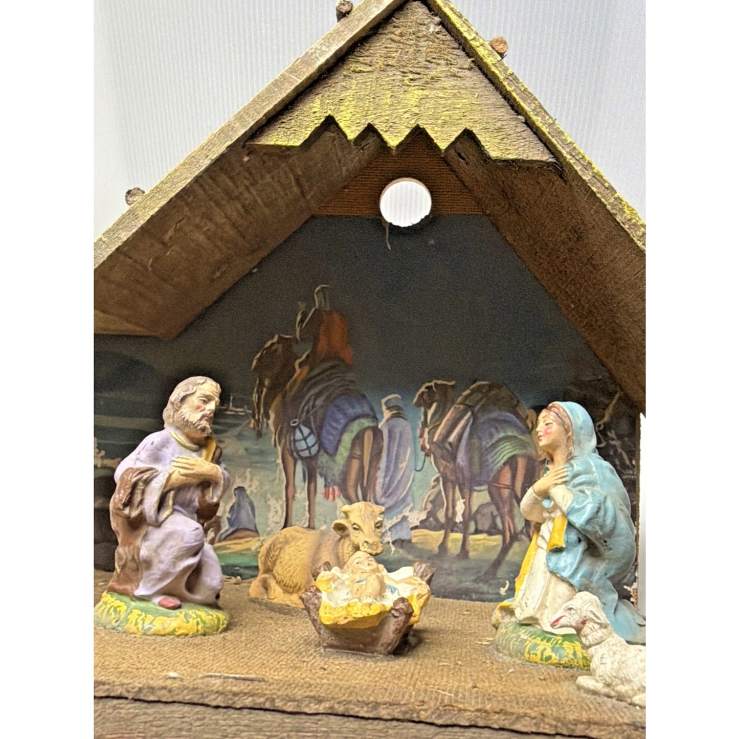 Vintage Stable Nativity Wooden Creche Italy 6 Pc Hand Painted As Is